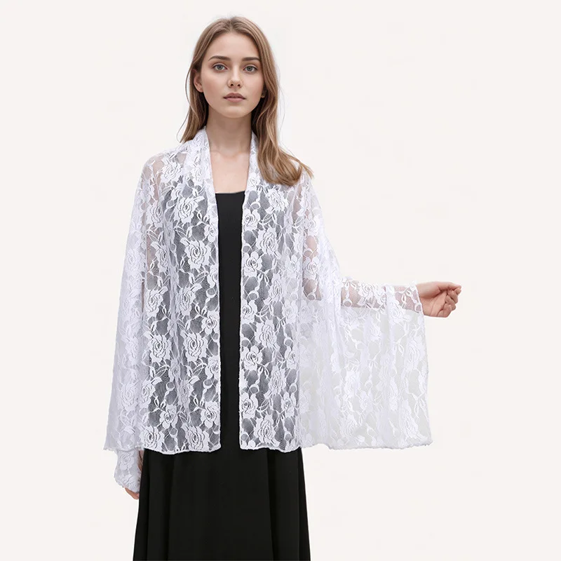 Fashion Soft Lightweight Black And White Plain Lace Flower Shawls For Women Elegant Evening Dress Wedding Scarf Lace Shawls