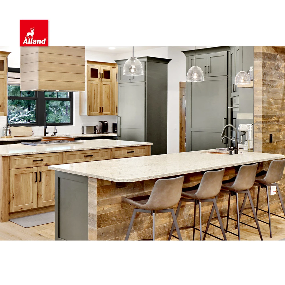 AllandCabinet Blue Painted and Brown Stained Oak Solid Wood U Shaped Shaker Style Kitchen Cabinet Two Tone with Island