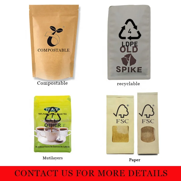 Custom Printed Compostable Paper Empty Caffe Packaging Pouch Flat Bottom Stand Kraft Coffee Bag with Valve Zipper for Beverages
