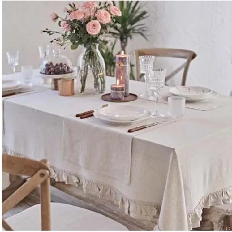 Popular Style Thick And Absorbent 100% linen Washed linen Tablecloth With Lotus Leaf Lace