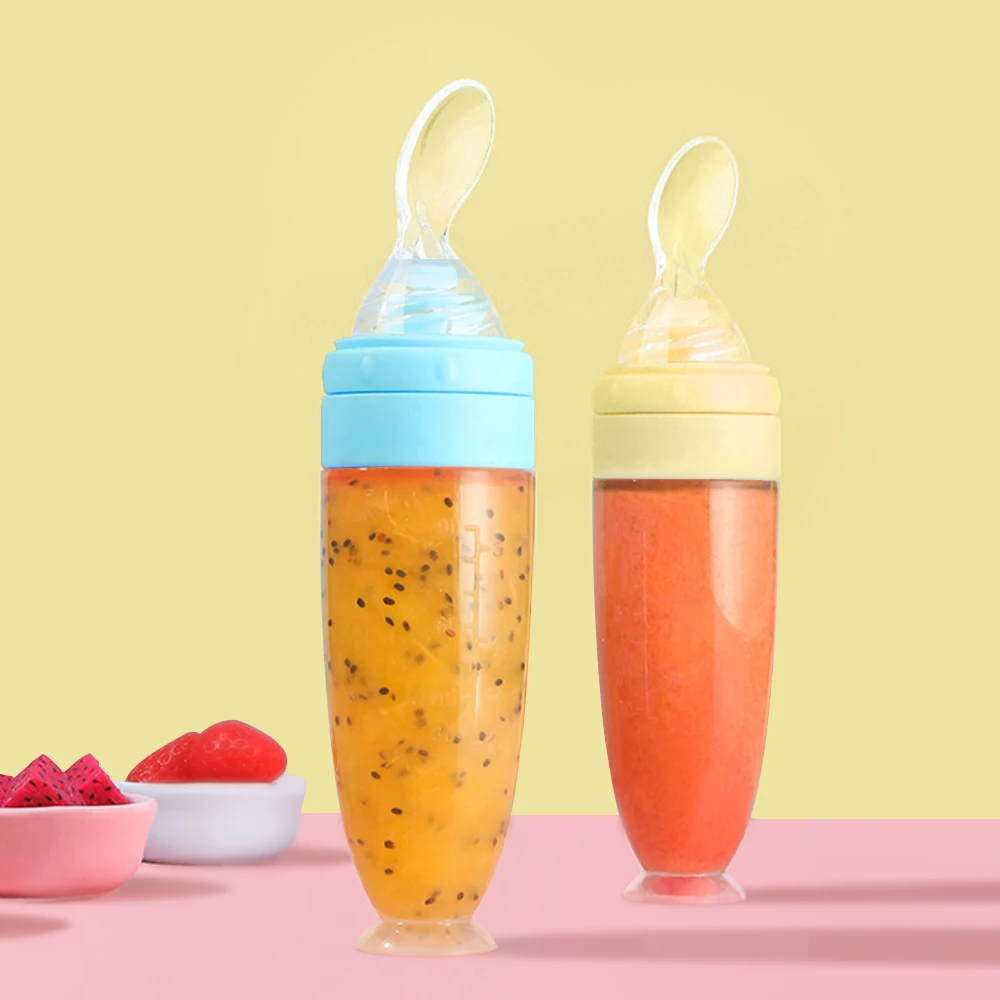 Wholesale BPA Free Food Grade Feeding Silicone Squeeze Baby Feeder Bottle With Spoon