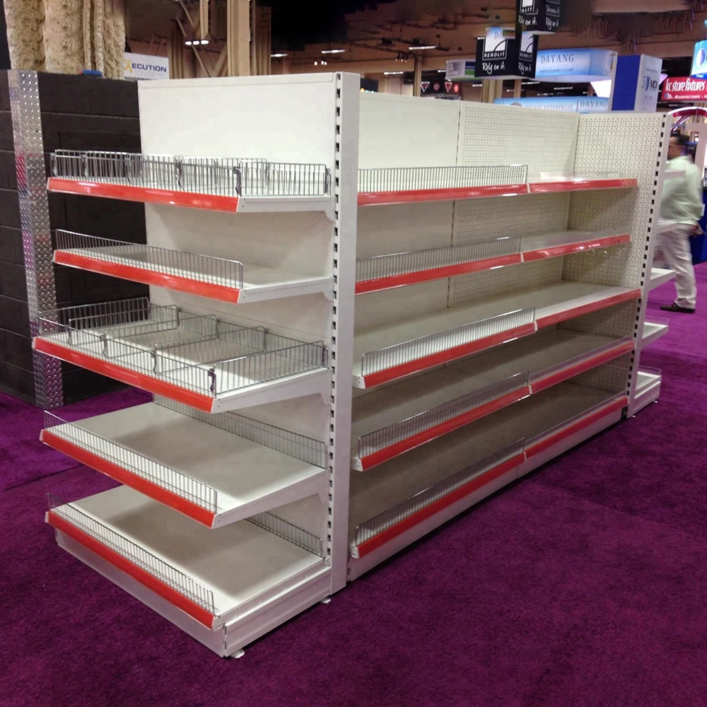 HONGDA Customized Commercial Double Sided Supermarket Gondola Display Stand Metal Shelf