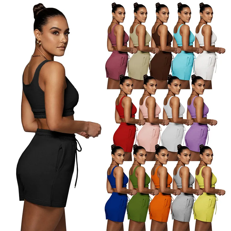 HR8163 2022 high quality summer suits vest outfits tank top and shorts sets custom logo sports bra and shorts set Women