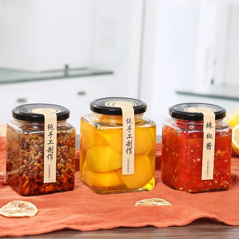 Factory sales Made in Factory sales  ChinaEmpty Hexagon Food Pickle Jam Glass Honey Jar with Black Lid  Factory sales