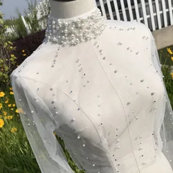 2022 Vintage High Neck Long Sleeves Wedding Jackets Pearl Bridal Boleros Wraps Jacket with Back Buttons