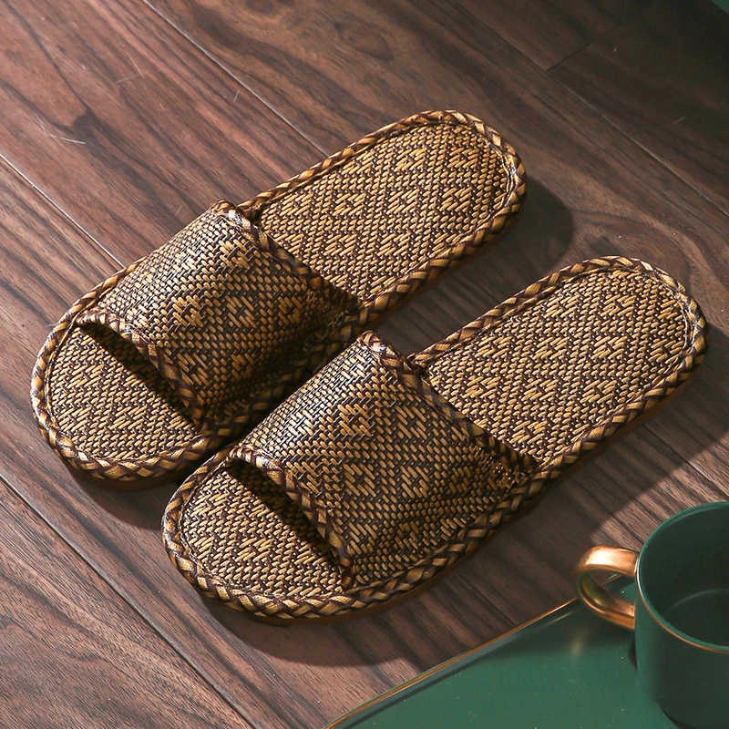 Cheap Summer Household Bamboo Rattan Slippers Unisex Hotel Bathroom Anti-Skid Weave Straw Braided Slides