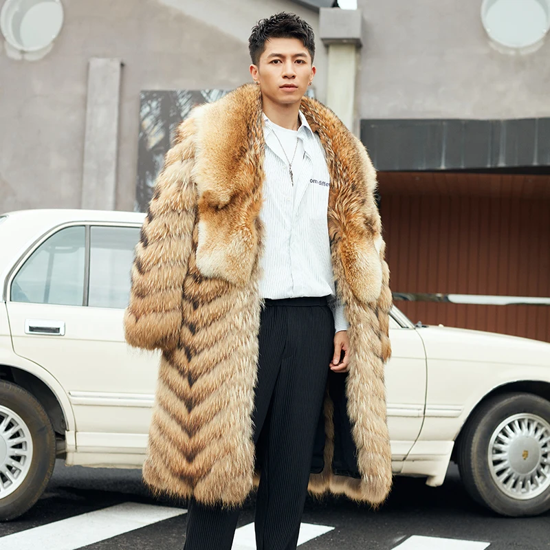 CY wholesale winter leather plush coat thick mid-length faux fox fur collar mink fur coat for men