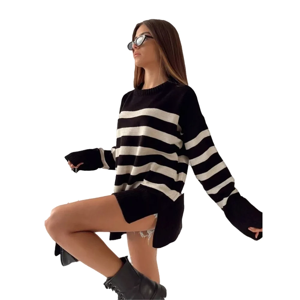 Custom FNJIA Striped Crew Neck Knit Sweater For Women Oversize Pullover Designer Jacquard Sweaters Women