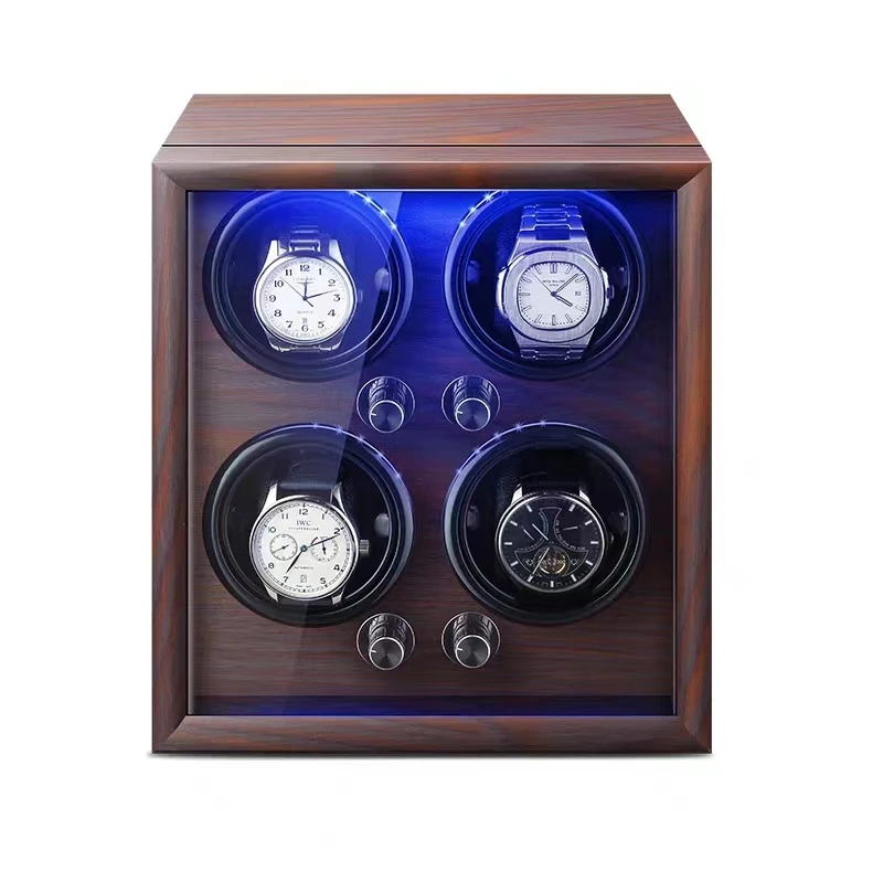 Luxury High quality  molle Automatic watch winder safe wood leather rotations watch winder box  4 slots with LED OPEN-STOP