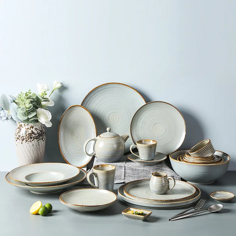 PITO Stoneware Porcelain Ceramic Dinnerware Plates Set Reactive Glaze Plates Dishes Full Tableware Set Home HoReCa Dinner Set