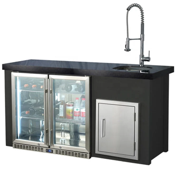 Outdoor Kitchen Use Stainless Steel Frame Sink Cabinet With Double Doors Refrigerator