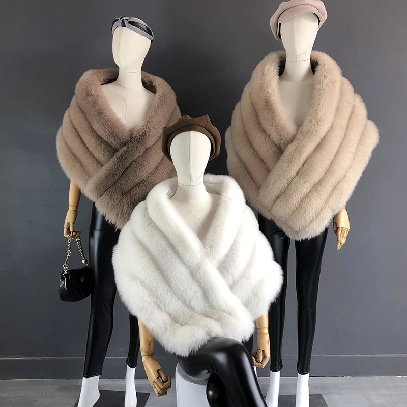 Woman Real Fox Fur Shawl Vest Jacket Fluffy Fur Cape Natural Fur Poncho Lady Scarf Wrap Coat Shawl Wedding Party Clothing