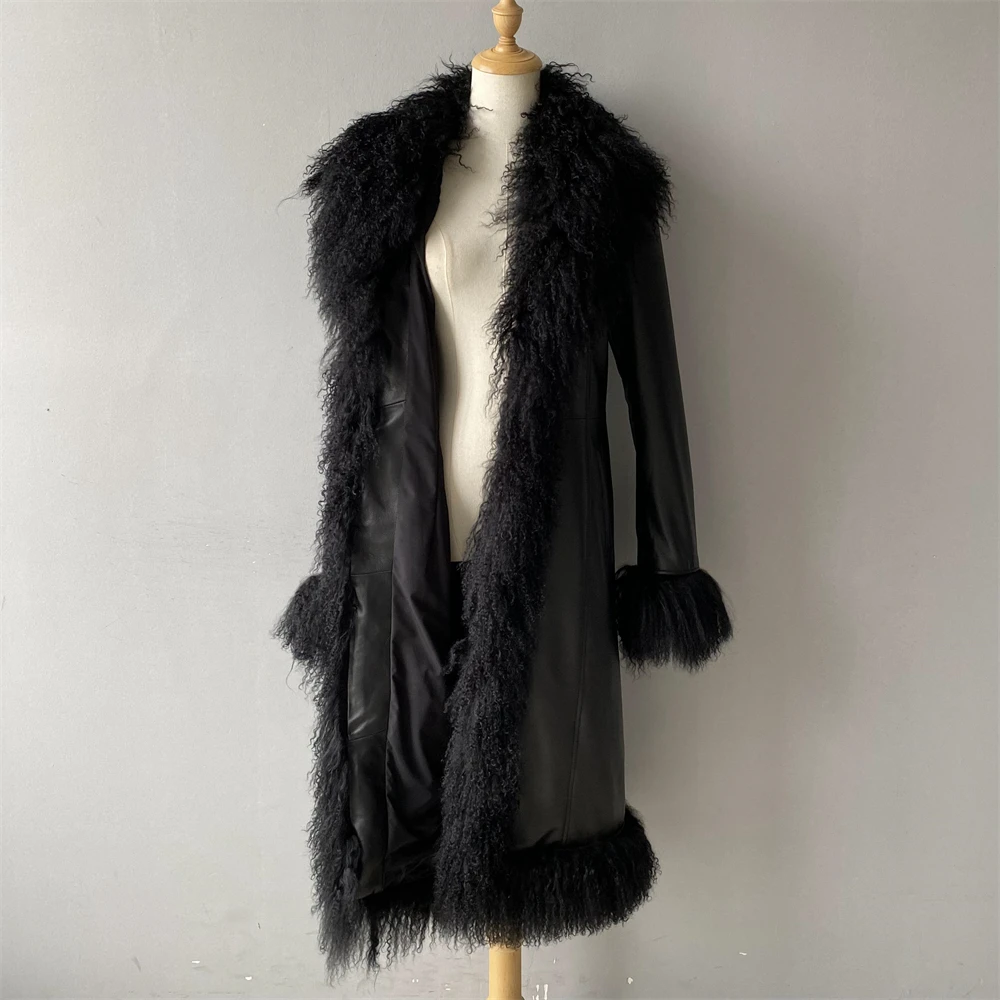 Wholesale Soft Fluffy Mongolian Lamb Fur Collar Outerwear Women Winter Fall Long Genuine Sheep Leather Coats with Fur for Ladies
