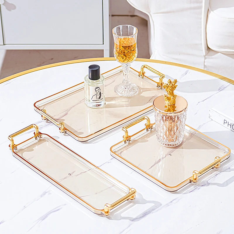 Classic Design Household Restaurant Tray Storage Wholesale Food Serving Tray with Golden Handle for Hotel Table