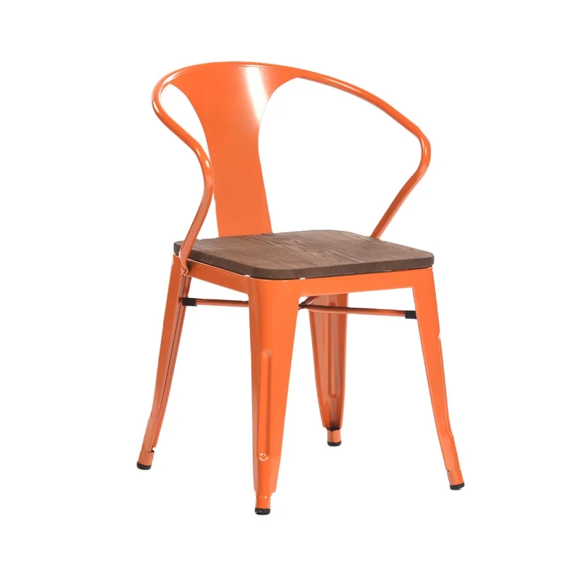 Factory Supply Armchair Outdoor Garden Steel Iron Chaise Cheap Stackable Industrial Metal Chairs Wood Seat