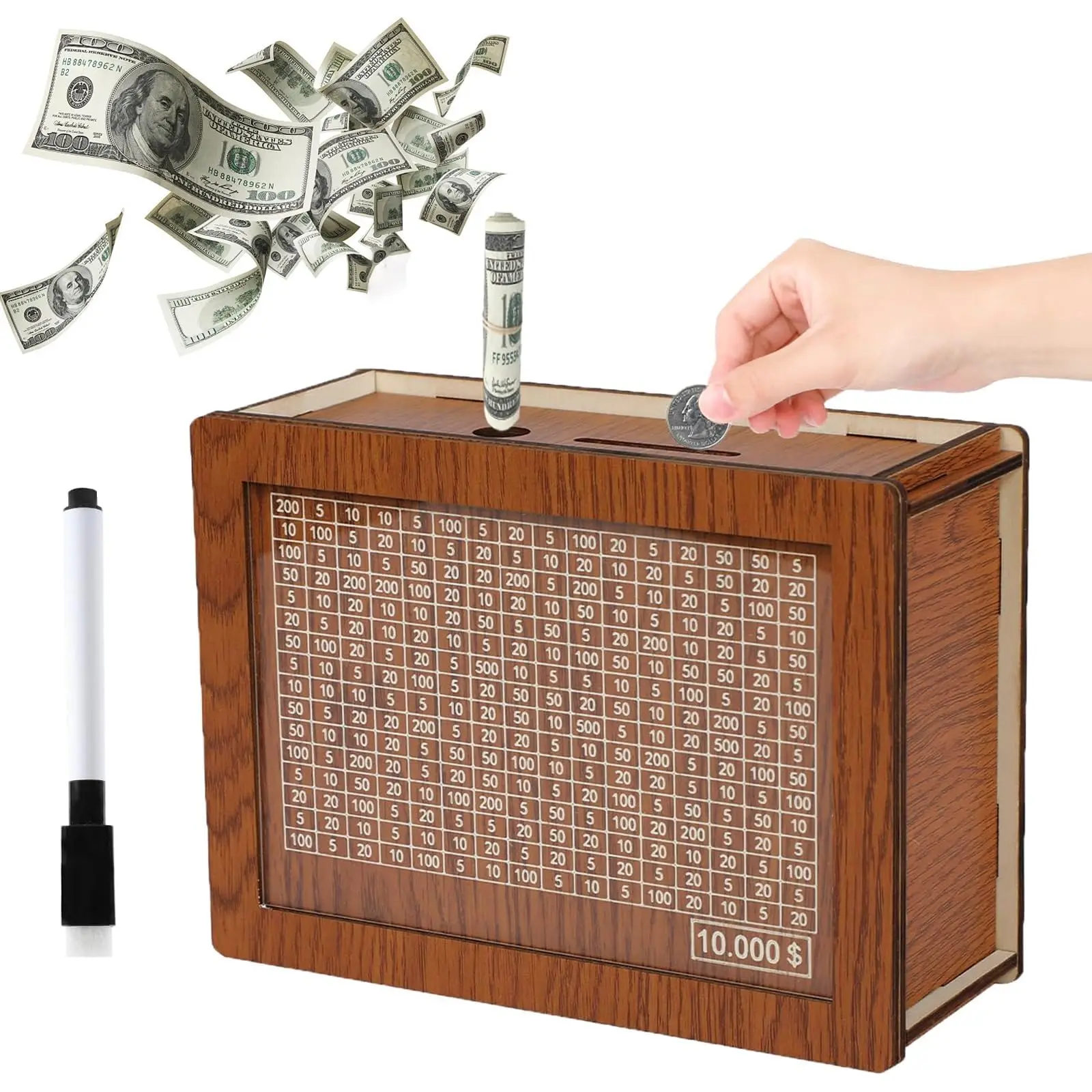 Piggy Bank for Kids Wooden Money Box Gift Coin Bank with Countdown and Money Target Wooden Money Saving Box Cash Vault for Kids
