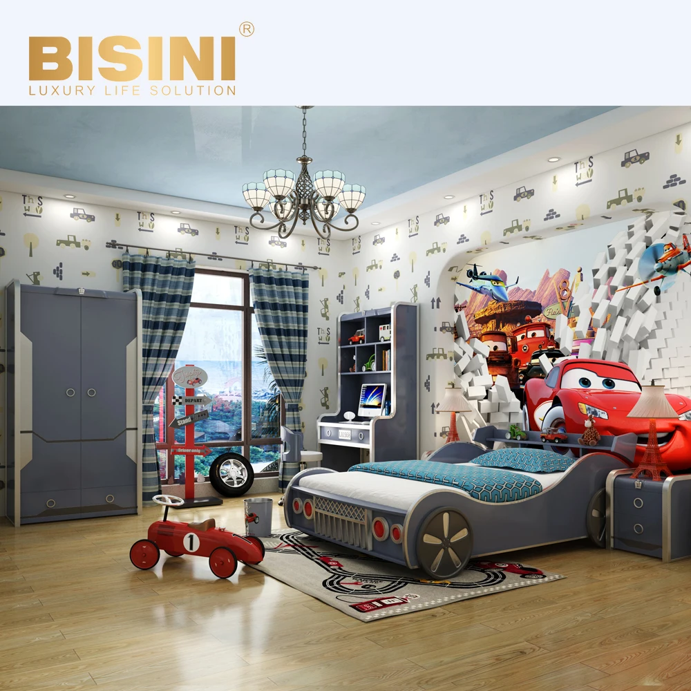 Fashionable Customized Car Kids Bed &Nightstand Cartoon Cars Children Bedroom Set