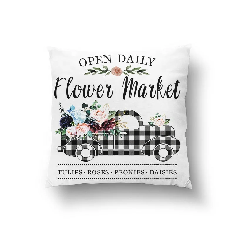 Welcome to the Flower Market Watercolor Flowers Floral Buffalo Plaid Throw Pillow Covers