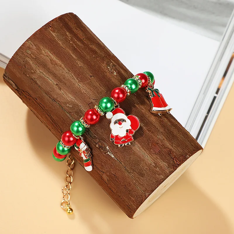 Christmas Colorful Pearl Beaded Bracelet with Santa Claus Bell Fashionable Jewelry Gift for Boyfriend Girlfriend or Couples