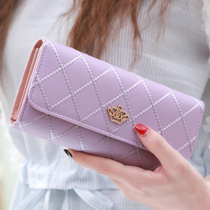 Fashion Tri-fold Button Closure Long Purse Women Multi Card Organizer Golden Crown Candy Colors Thread Lattice Clutch Wallet