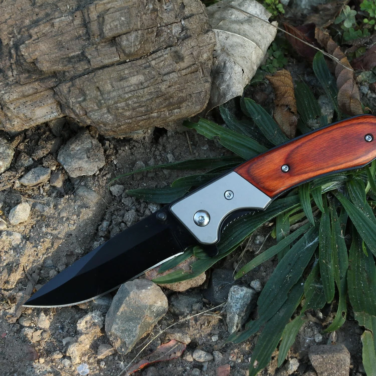 Folding Pocket Knife Stainless Steel Drop Point Blade, Brown Wood Handle with Stainless Steel  Pocket Clip, Tactical, EDC,