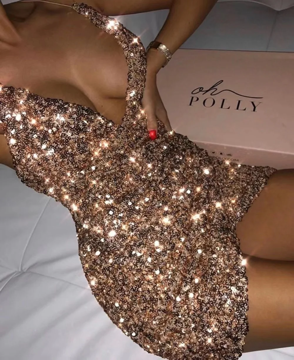 Summer party wear Mini dresses for women Deep V-neck Suspender Backless Irregular sequins dress nightclub sexy dress