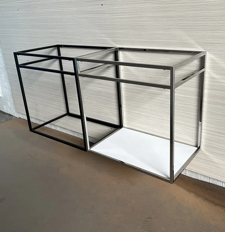 European Floating Bathroom Cabinet Open Architecture Design Planked Lower Shelf Open Storage Steel Frame Integrated Towel Bar