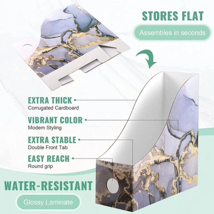 Marble Pattern Magazine Holder Gold Glitter Corrugated Board Book Bins Foldable Magazine Organizer Box Book File Folder Holder