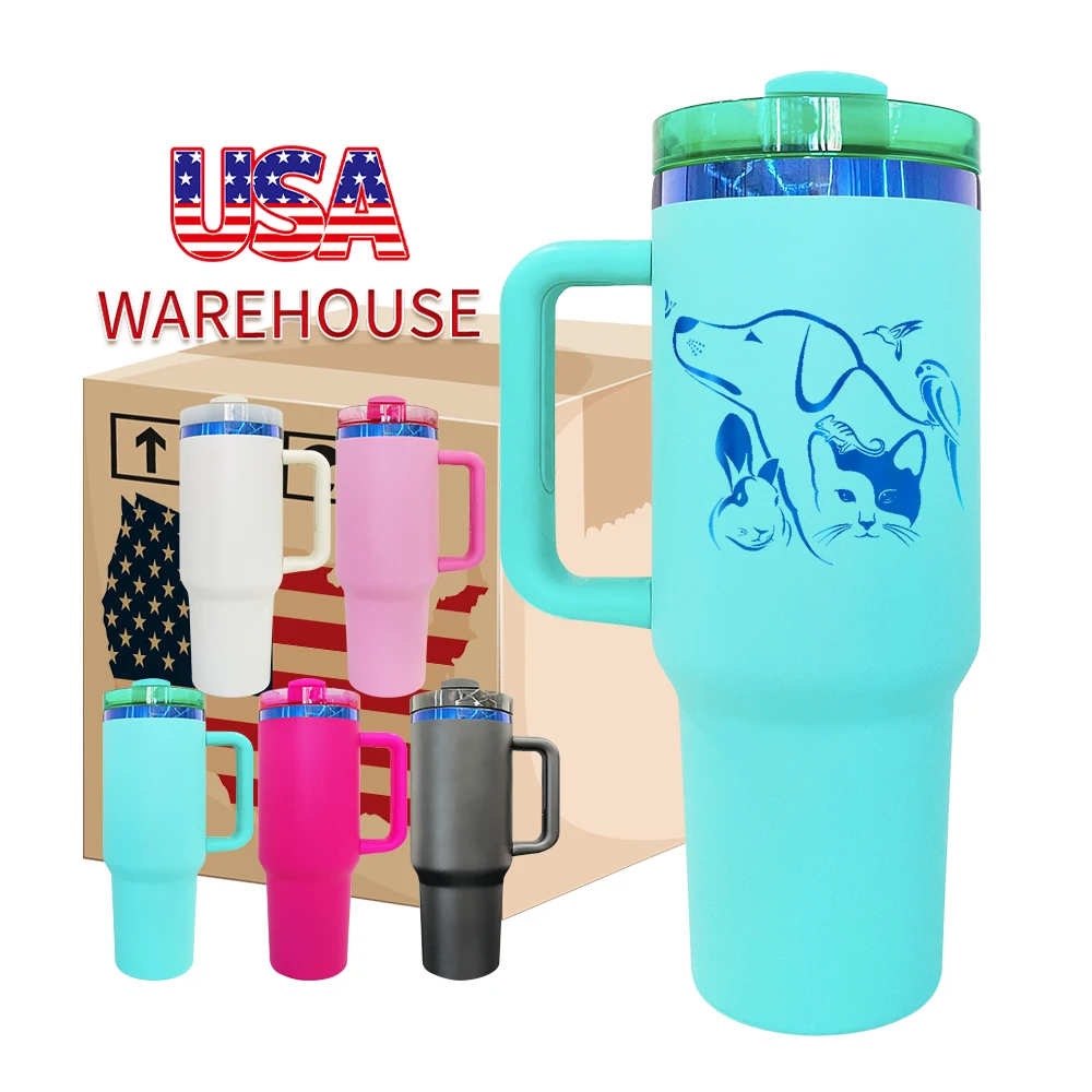 Double walled blue underneath 40oz Water Bottle stainless steel Reusable Travel Mug Laser Engraved powder coated coffee cups