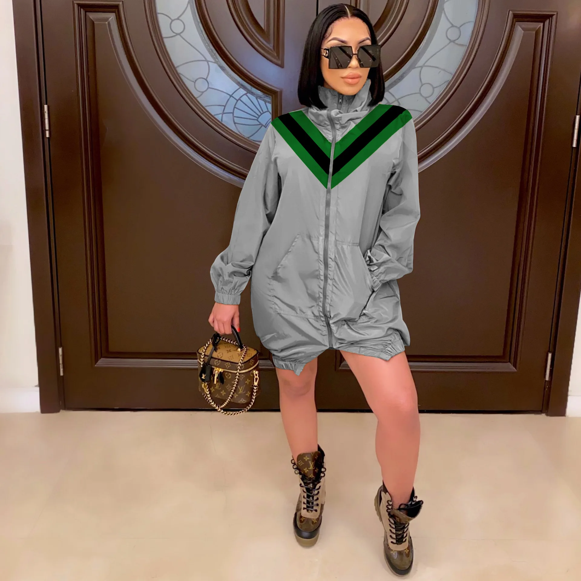 XLL Осенняя Длинная зимняя Полиэстеровая ветровка с длинным рукавом, с принтом спереди, длинное пальто для женщин, повседневная куртка на молнии с разрезом