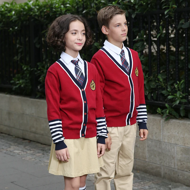 
spring and autumn Factory Price red cotton button knitted children kids Student primary School Uniforms Cardigan Sweater 