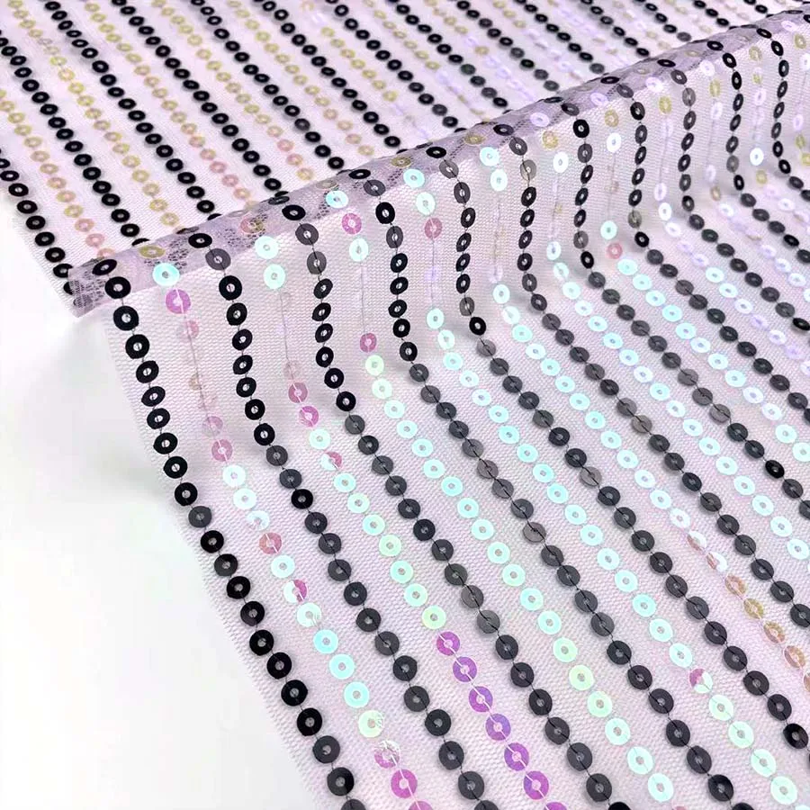 Hologram Stripe Spangle Embroidered 5mm Sequin embroidered Net Fabric 100% Nylon Mesh Ground for Party Dress