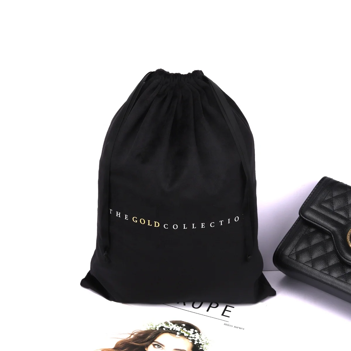Wholesale Velvet Drawstring Bag For Packaging Shoe Handbag Custom Logo Printed Velvet Dust Pouch