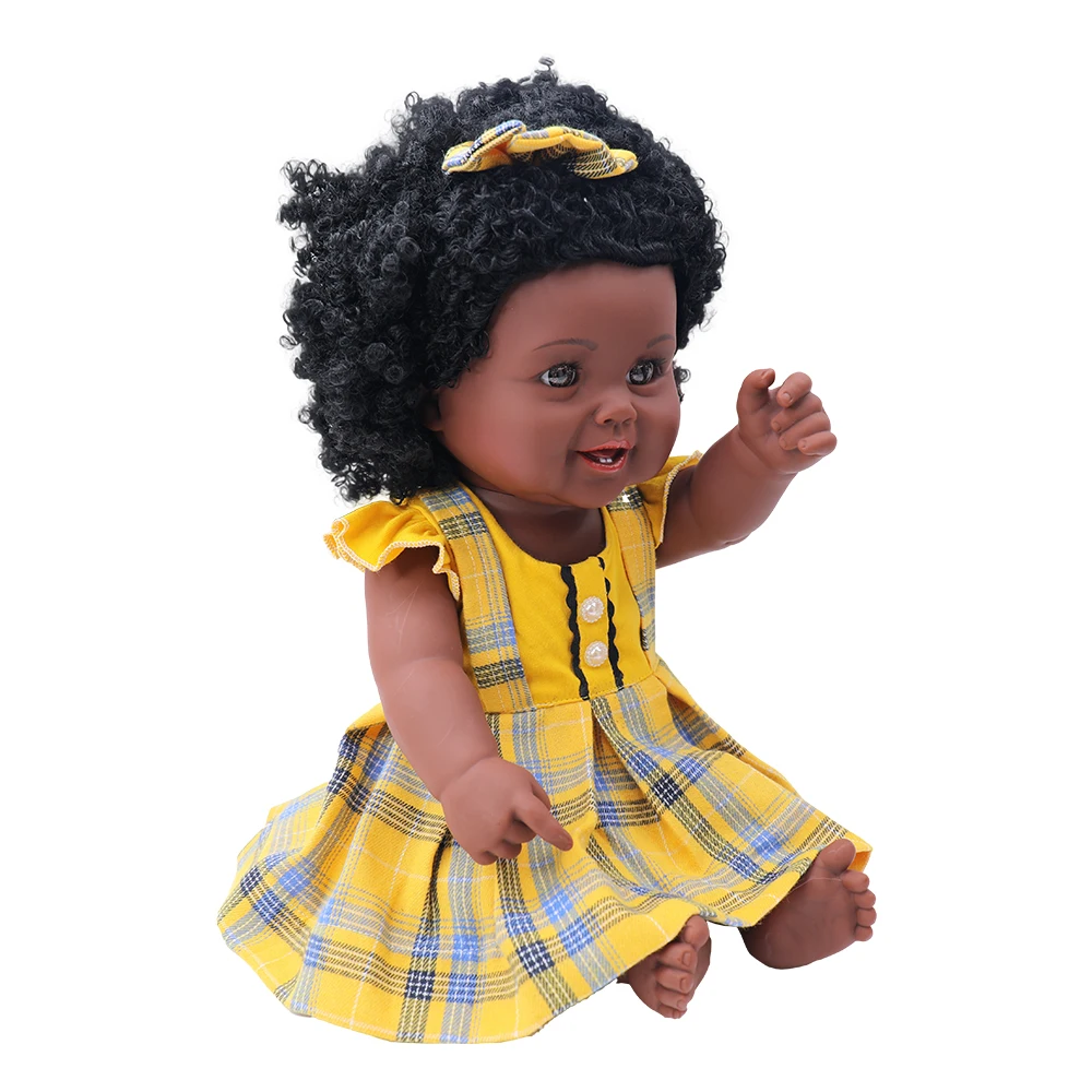 Tusalmo doll factory price wholesale lifelike 19 inch black pretty girl doll with dimples beautiful yellow dress for kids