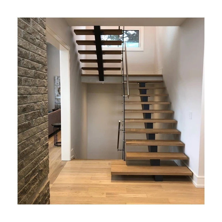 Open riser staircase design with wood handrail stainless steel railing straight mono stringer stairs