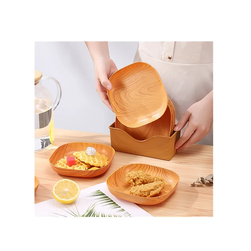 Creative Wood Grain Square Spit Bone Dish Plastic Fruit Cake and Snack Storage Tray for Weddings Parties Restaurants