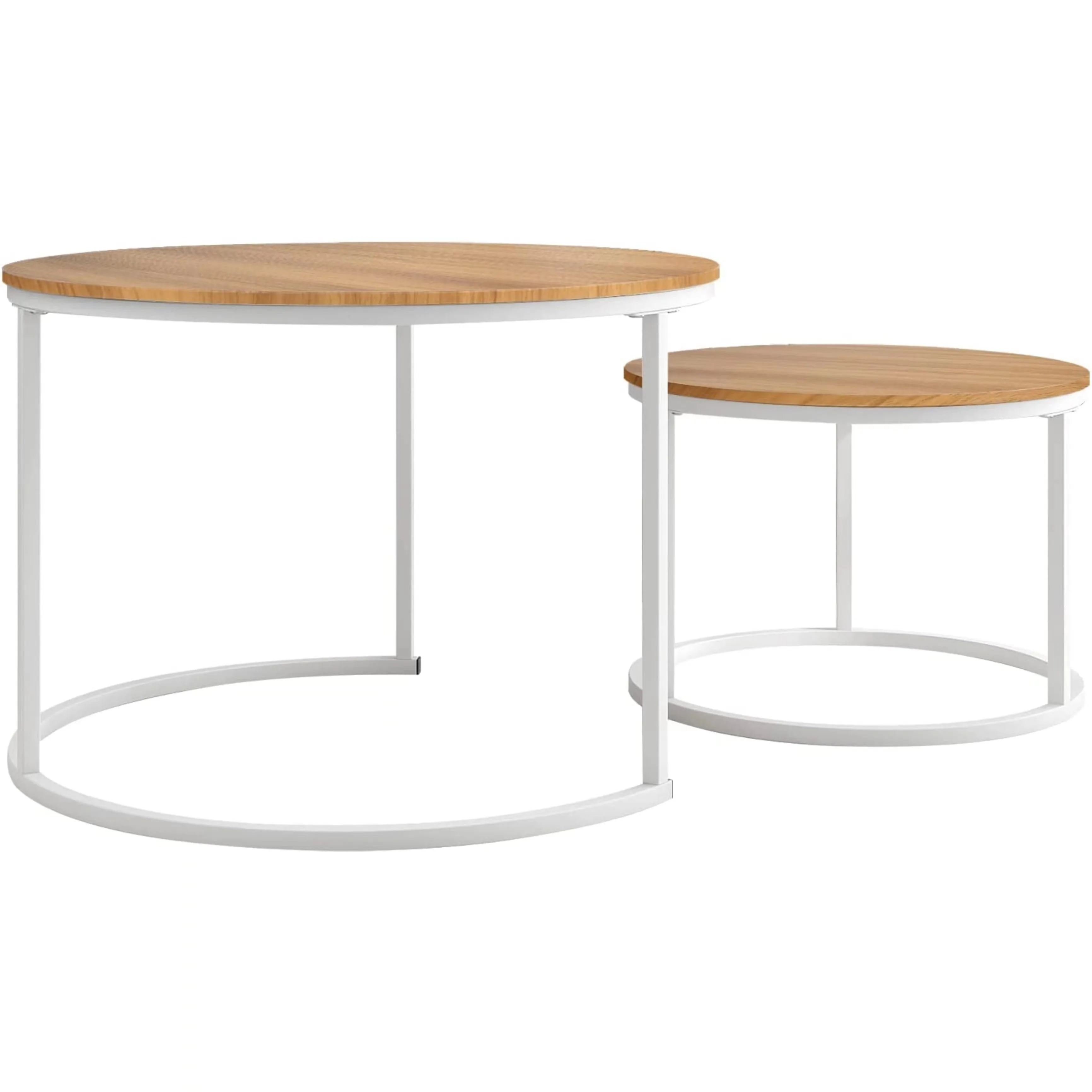 Round Wood Nesting Coffee Stacking Side Tables end Tables with Sturdy White Metal Frame