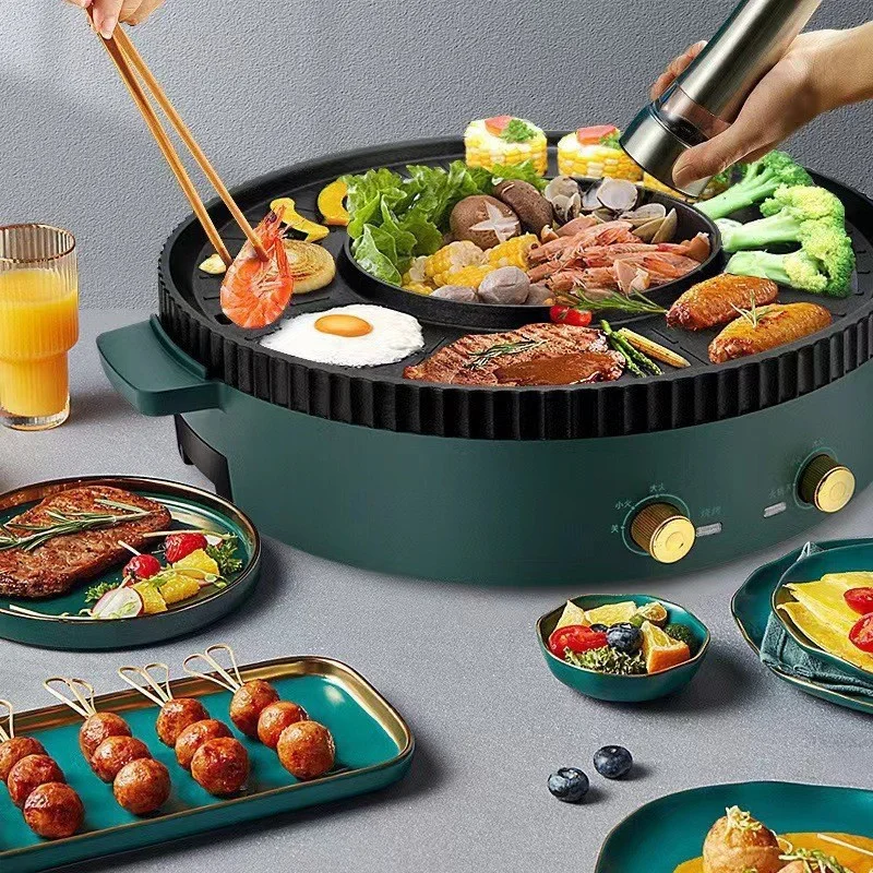 Wholesale OEM green multifunctional non-stick smokeless BBQ 2 in 1 Electric Hot Pot Grill Cooker Pan