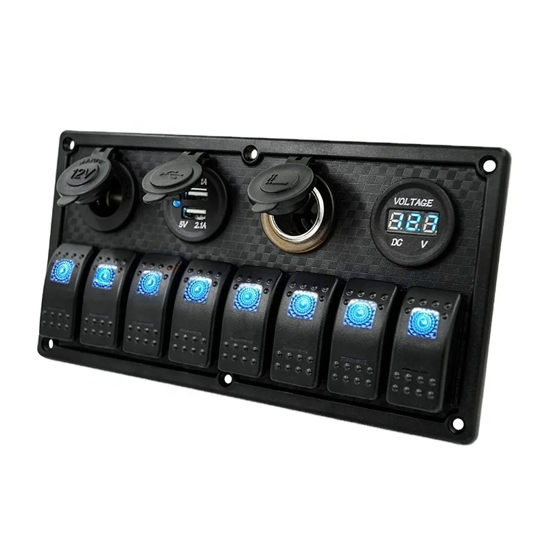 8 Gang Rocker Switch With 12V-24V DC Socket And LED voltmeter Caravan Motorhome ABS Switch Panel For Car Vehicle