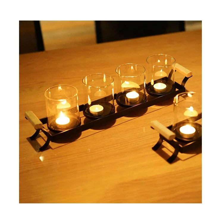 Fireplace Patio Coffee Bar Christmas Table Centerpiece Black Tealight Candle Holder Metal Votive Candle Holders with 4 Glass Cu