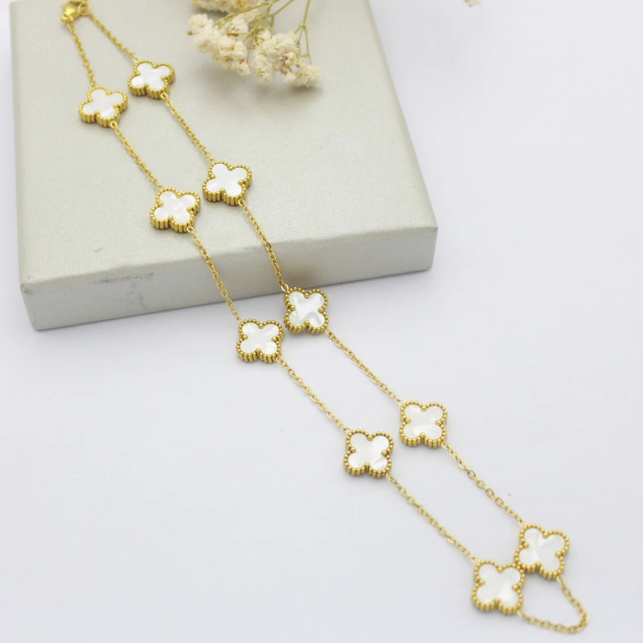 Titanium Steel 10 Flower Sweater Chain Non-fading Double Sided Four-leaf Clover Necklace 65cm Forest Series Long Chain Necklace