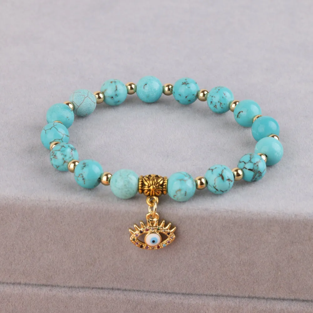 19cm Natural Stone Micro Paved Copper Eye Charms Gift Bracelet