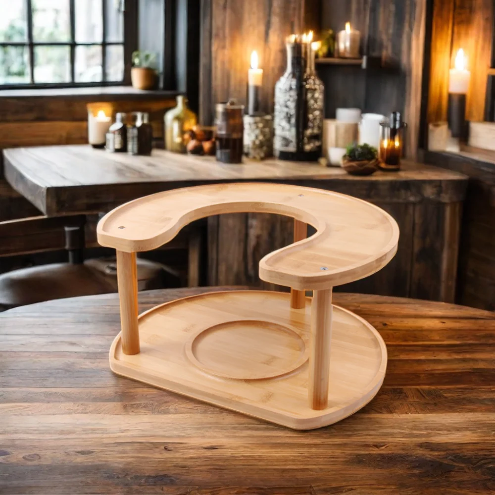 Modern Bamboo 2-Tier Kitchen Lazy Susan Wooden Rotating Tray Turntable Organizer for Plates and Dishes Food Packaging