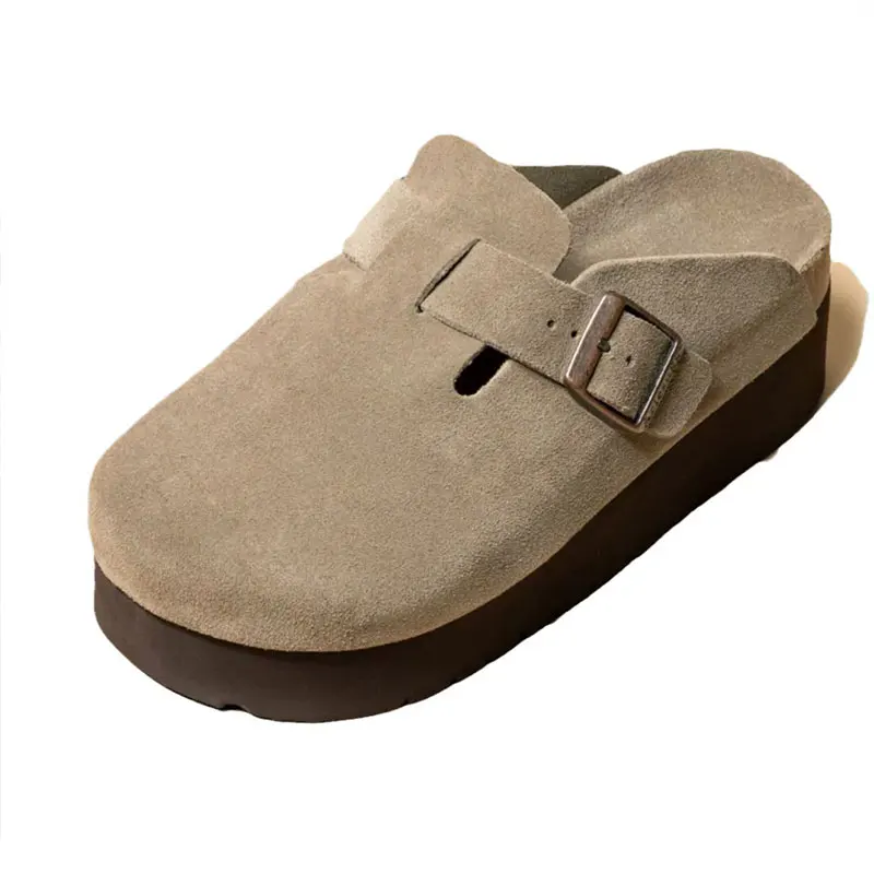 Xinzirain Custom Fashionable Single Belt Buckle Tan Suede Slides Slip On Wood Raw Thick-Soled Flat Briken Stock Sandals Clogs