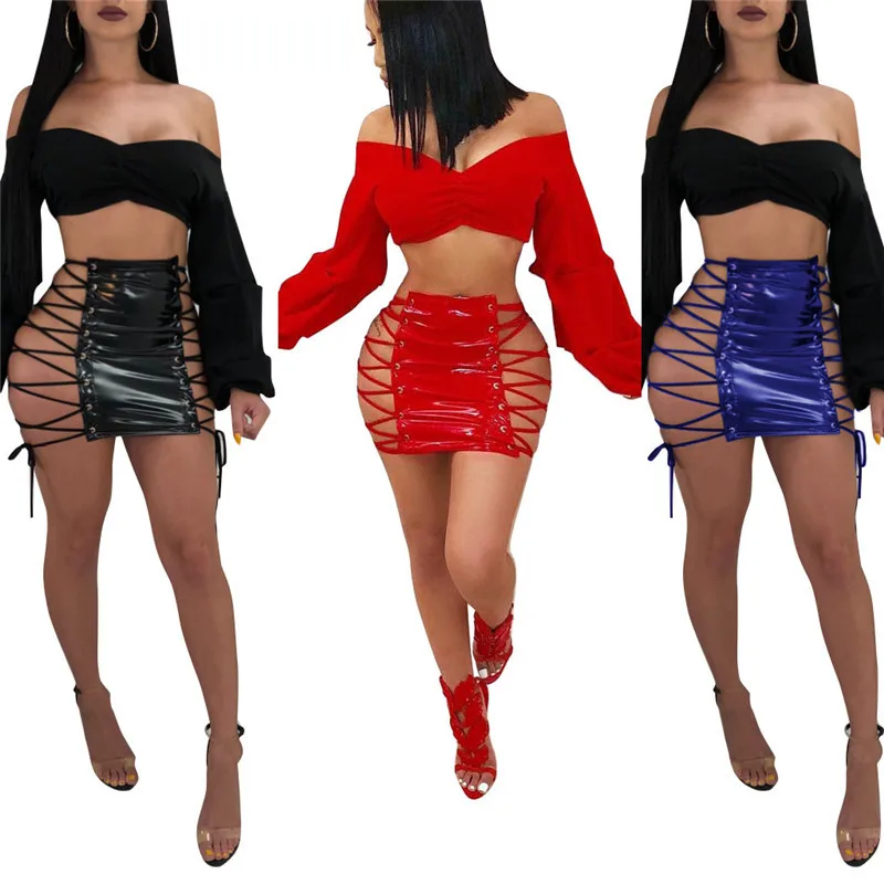 B30183A 2018 Latest lace-up design patent leather shining PU sexy skirt