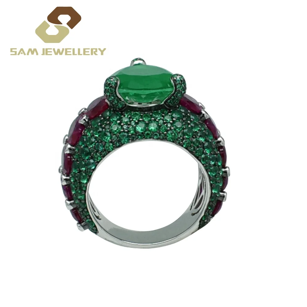 Luxury Ring Sterling 925 Silver Colombian Emerald Fusion Stone  Prong Setting Ruby Stone Attend the Evening Party Ring