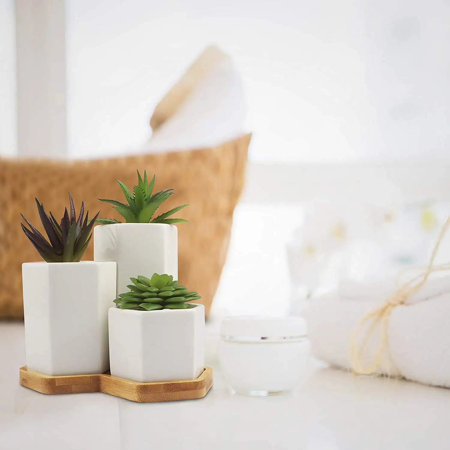 NISEVEN New Design 3pcs/Set White Hexagon Ceramic Pots With Bamboo Tray Succulent Pot Ceramic Flower Pot