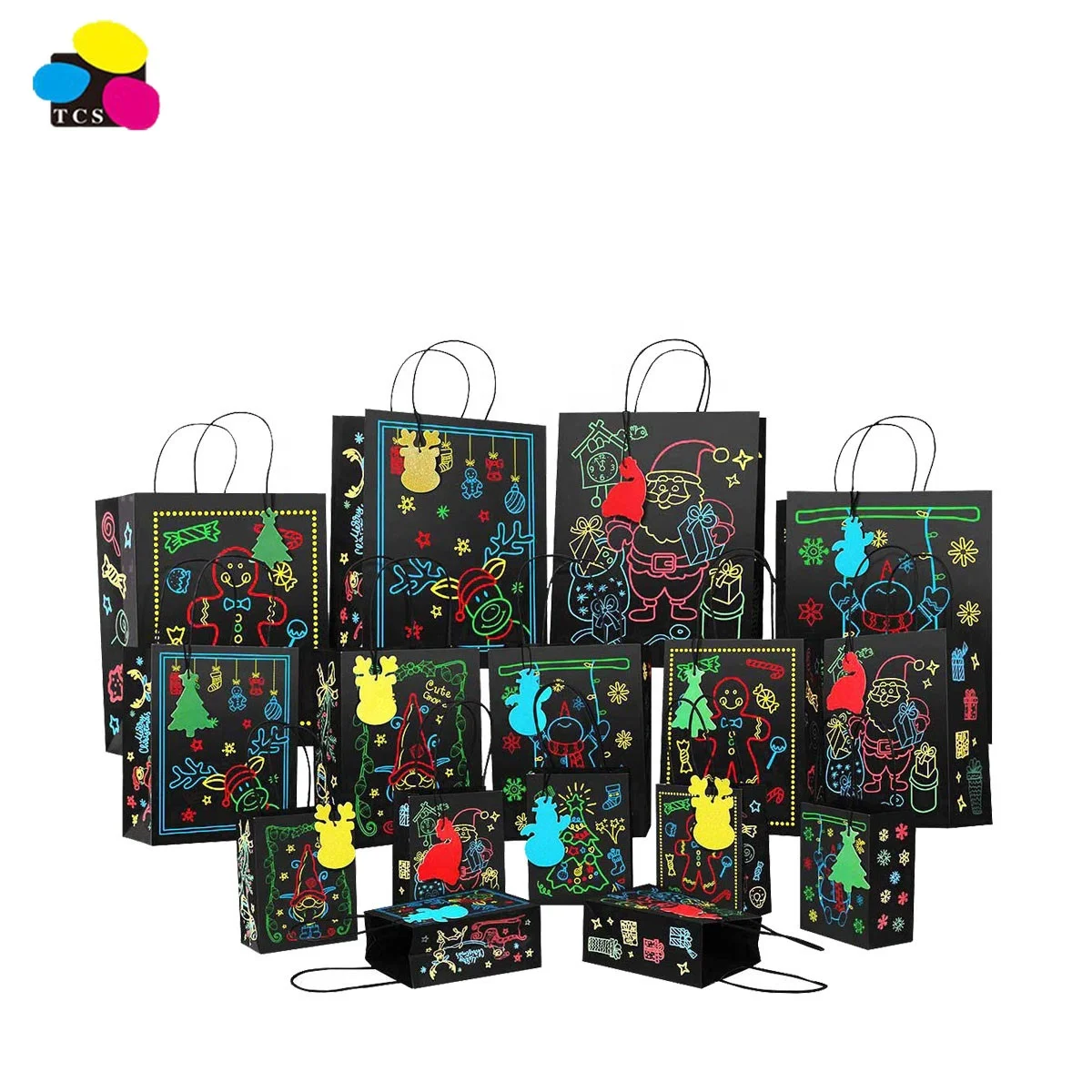 Made in China Glow in The Dark 4 Large/5 Medium/7 Small Christmas Paper Bags With Tags