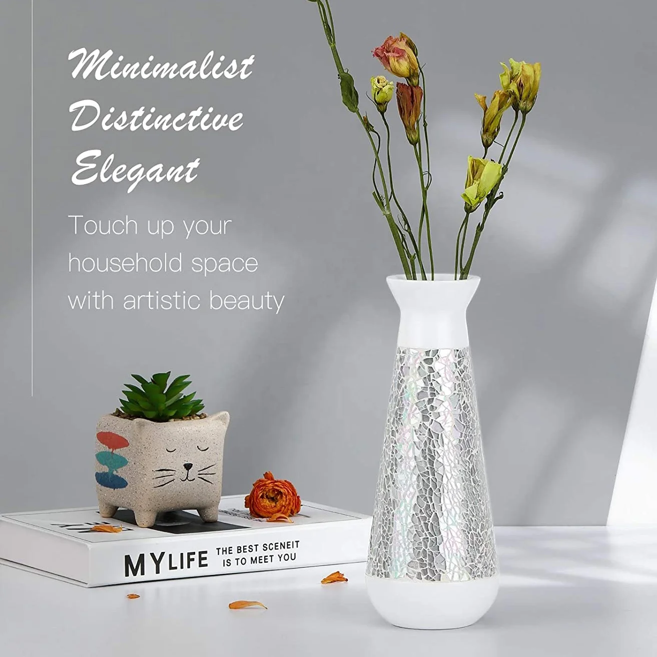 Custom Mosaic Design Decorative Vase Modern Elegant Curved Shaped Office Desktop Living Room Glass Mosaic Resin Vase Flower Vase