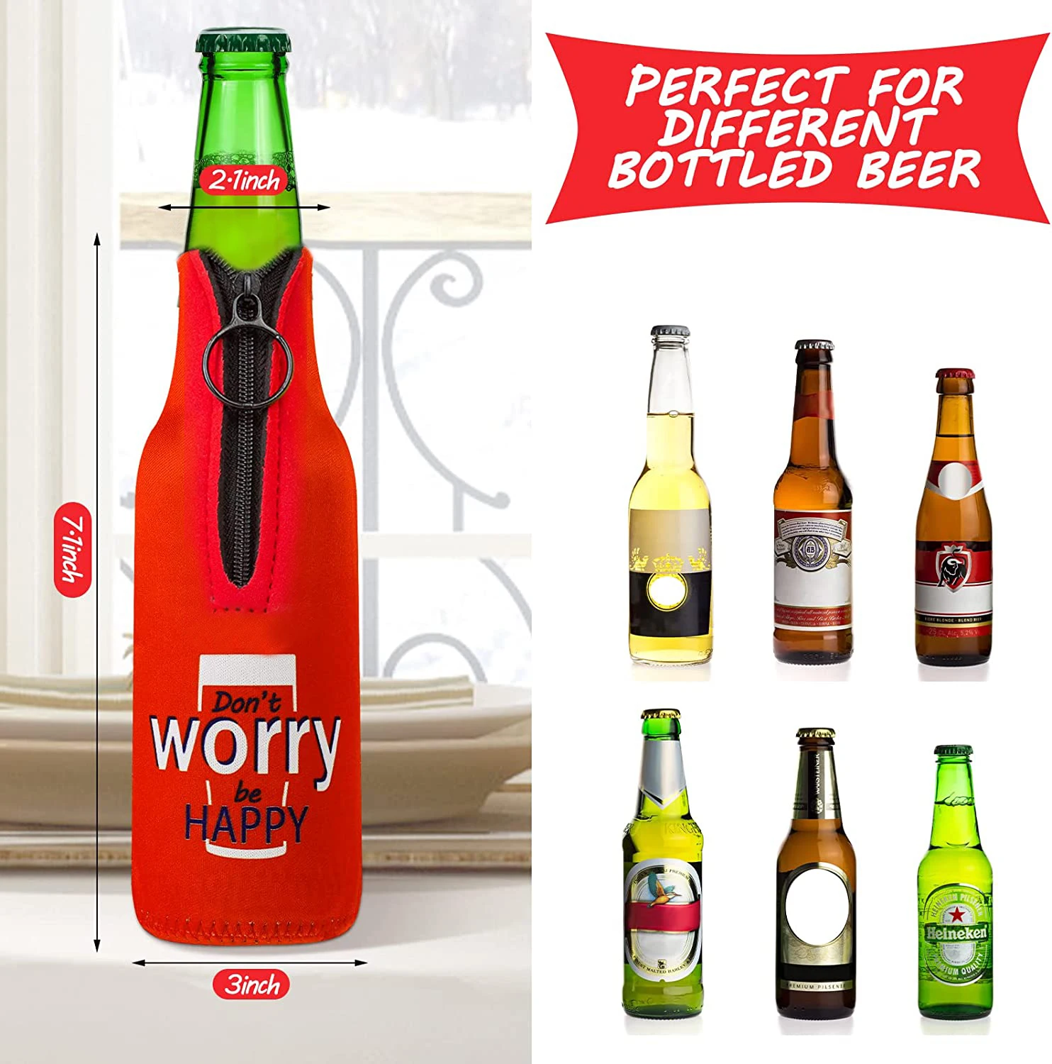 Custom Logo Design 330ML Waterproof Neoprene Beer Bottle Cooler Sleeve Insulator with Zipper